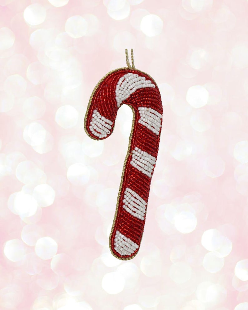Candy Cane Beaded Ornament, Red White Christmas Tree Hanging Decoration ...