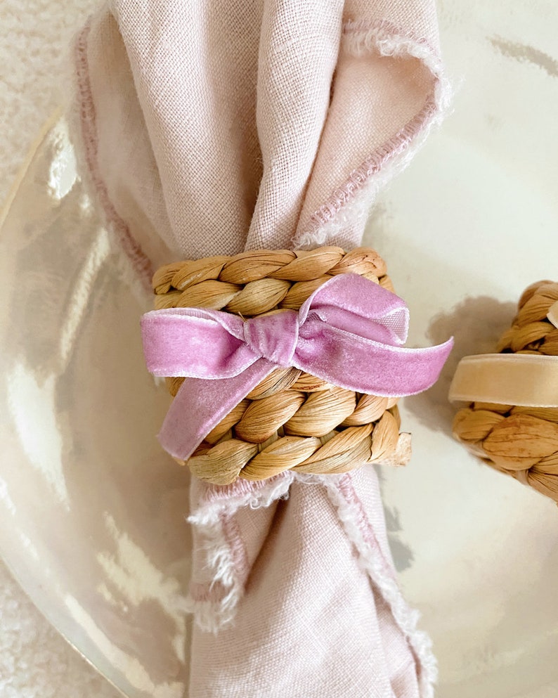 Velvet Bow Water Hyacinth Napkin Ring, Bow Tableware, Romantic, Chic, Romantic Dinner Party, Coquette, Hostess Gift, Wedding Gift Decor image 6