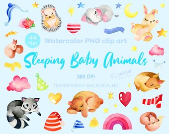 May include: Watercolor clipart set of 44 sleeping baby animals. The set includes a hedgehog, elephant, bunny, deer, raccoon, bear, fox, and more. The animals are all sleeping in various poses and are surrounded by stars, clouds, and other cute details. The clipart is perfect for creating baby shower invitations, cards, and other projects.
