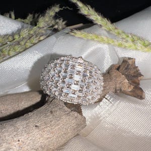 Könnte beinhalten: Ein silberfarbener Ring mit einem gewebten Design. Der Ring ist rund und weist ein Muster aus kleinen, rechteckigen Steinen auf. Der Ring wird auf einem Stück Treibholz mit weißem Stoffhintergrund und Zweigen getrockneten Grüns präsentiert.