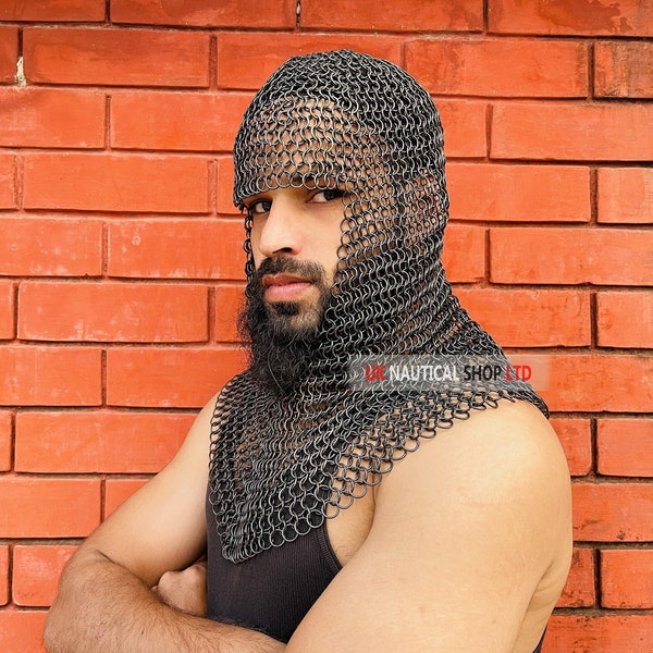 Black Chain mail Coif - 10mm Neck Chainmail Hood -Medieval Chainmail Armor Larp Sca Costume - Butted chainmail coif