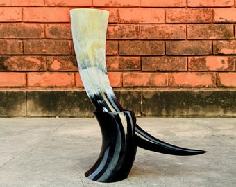 Rugged Real Horn Handmade Viking Medieval LARP Drinking Horn with Horn Stand - Viking Horn Mug - Viking Horn Fluky - Best Gift