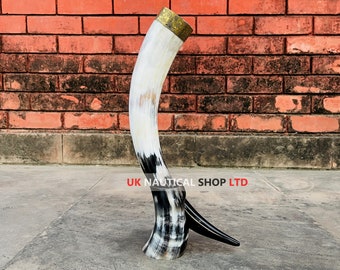 Viking Horn Mug - Viking Horn Fluky - Real Horn Handmade Viking - Medieval LARP Brass Rim Drinking Horn with Horn Stand - Best Gift