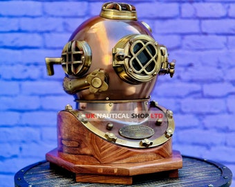 Boston Scuba Diving Helmet With Wooden Base - Brown finish deep sea divers helmet - Nautical lovers gift