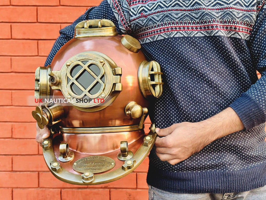 Diving Helmet With Wooden Base U.S Navy Mark V Scuba Divers Helmet