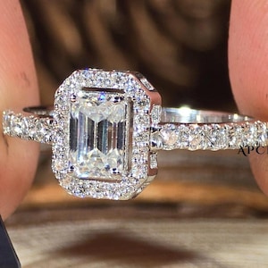 Bague de fiançailles en diamants taille émeraude, avec halo et bague en diamants ronds pavé, diamant de culture en laboratoire, alliance en diamants émeraude, bague pour femme