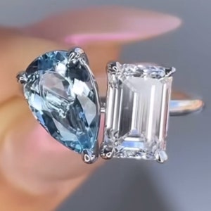 Solid Gold Toi et Moi Pear Cut Lab Grown Sapphire & Emerald Cut Moissanite Engagement Ring, Art Deco Ring, Valentine's Day Gift for Woman