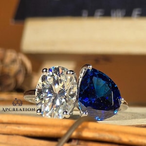 3 bagues TCW poire et pierre de moissanite taille ovale pour elle, bague toi et moi en argent et or massif 10 carats | 14 carats | 18 carats, alliance unique pour la mariée.