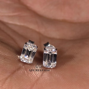 Emerald Cut Lab Grown Diamond Stud Earrings, Everyday Wear Minimalist Stud Earrings, Claw Prong Set Solitaire Earrings Gift for Her
