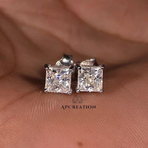 0.50-1.00 TCW Princess Cut Lab Grown Diamond Studs Earrings, Solitaire Diamond Prong Set Stud Earrings, Wedding Anniversary Gift For Wife.