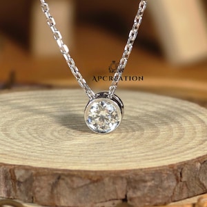 Full Bezel Basket Set Round Cut Solitaire Pendant, Delicate Round Cut Lab Created Wedding Pendant With Chain, Engagement Gift Pendant.