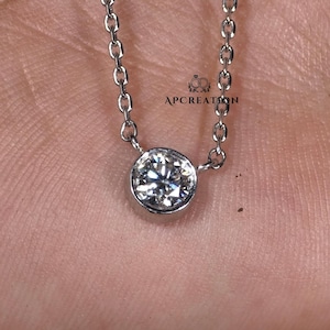 Full Bezel Basket Set Round Cut Solitaire Pendant, Delicate Round Cut Lab Created Wedding Pendant With Chain, Daily Wear Necklace For Her.