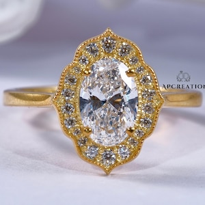Vintage Halo Oval Diamond Anniversary Ring/ 1CT IGI Certified Lab Grown Diamond Solid Yellow Gold Ring /Milgrain and Cathedral Setting Ring