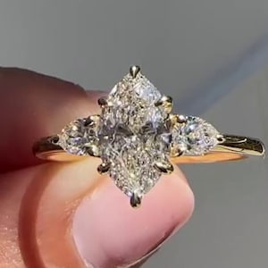 2.0 CT Marquise Cut Colorless Moissanite Engagement Ring Trilogy Wedding Ring Three Stone Ring Pear Side Stone Classy Anniversary Ring