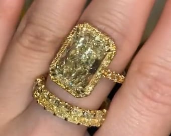 Anello Moissanite giallo canarino con taglio radiante antico con anello in oro abbinato con fascia Anello in oro bianco 14K / Regali di nozze / Regali di anniversario