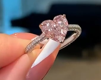Pink Heart Cut 2ct Moissanite Engagement Ring / Silver, 10/14/18k Solid Gold, Platinum Engagement Ring / Minimalist Engagement Ring Design