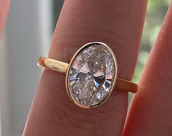 2,5 Karat ovaler Ring mit Lünettenfassung, einzigartiger Ring mit Tulpenlünette, ovaler Solitärring, Schmuck aus 14 Karat Gelb-/Weiß-/Roségold, zierlicher Brautring, im Trend