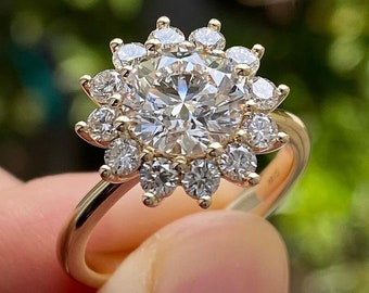 Anello di fidanzamento con fiore vintage antico con diamante a taglio rotondo ART deco da 2 ct, anello in oro bianco 14 carati con fascia solitaria, regalo perfetto per lei
