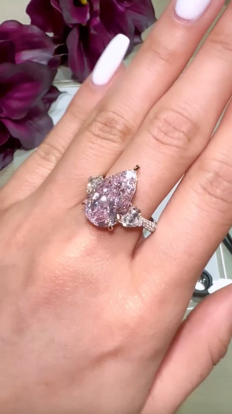 Three Stone Pear Cut Engagement Ring 4 CT Stunning Teardrop Pink Moissanite Wedding Ring Unique