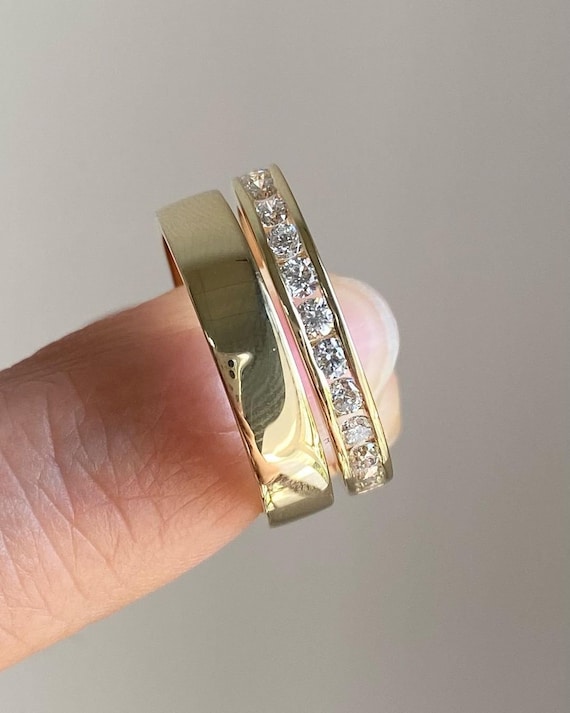 Set di fedi nuziali in oro 14k, set di fedi nuziali tradizionali