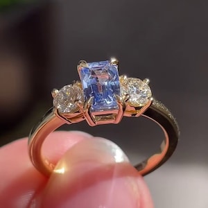 Emerald Cut Ceylon Blue Sapphire Engagement Ring, 14k Yellow Gold Three Stone Cluster Ring, Blue Sapphire Wedding Ring,Anniversary Gift Ring