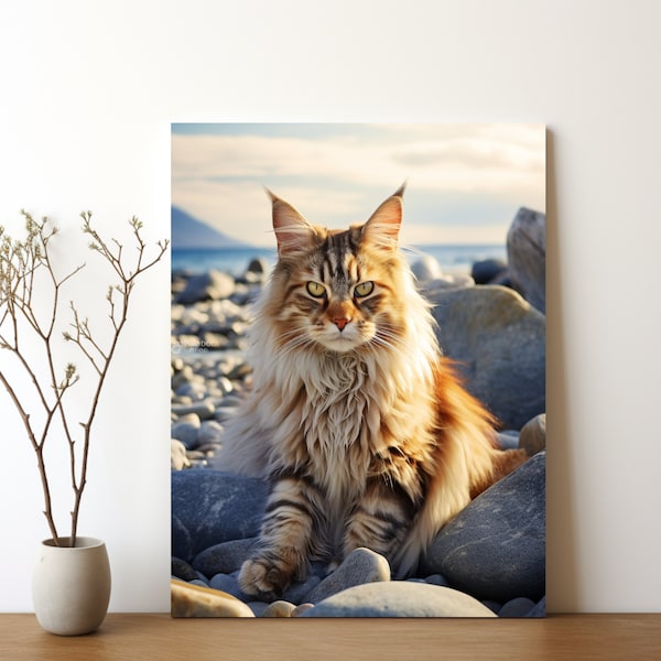 Maine coon on the beach, cat, digital wall art, wall art, decorative wall art, frame wall art, art decor, stone