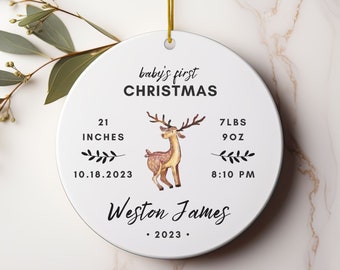 Personalized Baby's First Christmas 2023, Newborn Birth Stats Ornament, Baby Deer Christmas Ornament, Newborn Christmas Ornament, Baby Gift