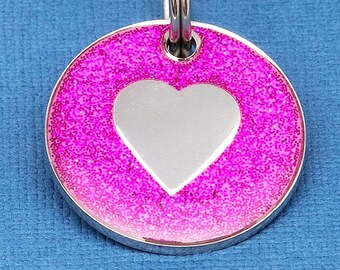 Glitter Heart Pet ID Tag Pink 25mm/1" diameter - personalisation