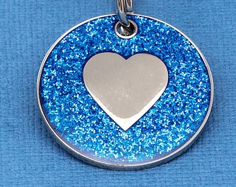 Glitter Heart Pet ID Tag, blue, 25mm, engraved personalisation