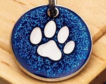 Glitter Paw Pet ID Tag,  Blue, 25mm diameter, personalised / engraved