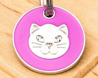 Cat Face ID Tag Pink 20mm (3/4") diameter, engraved personalisation