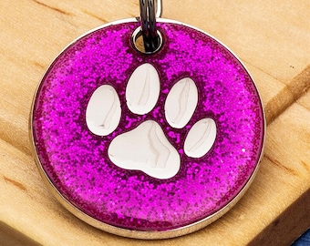 Glitter Paw Pet ID Tag, Purple, 25mm, engraved personalisation