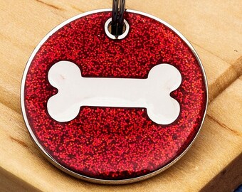 Glitter Bone Pet ID Tag, Red, 25mm, engraved personalisation