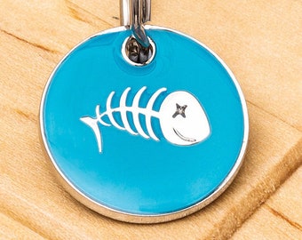 Cat Fish Bone ID Tag Teal 20mm (3/4") diameter