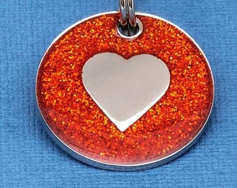 Round Glitter Heart Pet ID Tag, Red, 25mm, engraved personalisation