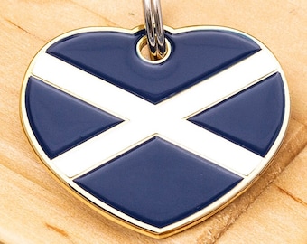 Heart shaped Scotland Scottish Saltire flag pet ID Tag, gold back, personalisation