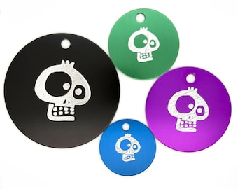 Engraved funny comic skull pet ID tag black 25mm (1") or 30mm (1.25") diameter