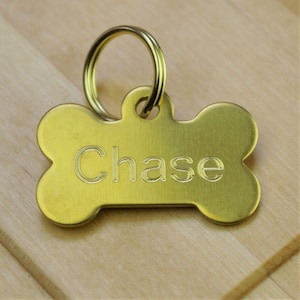 Small Solid Brass Bone Engraved Pet Tag, Thick Deep Engraved Pet Id Tags, Traditional Brass Pet Tags Double-Sided