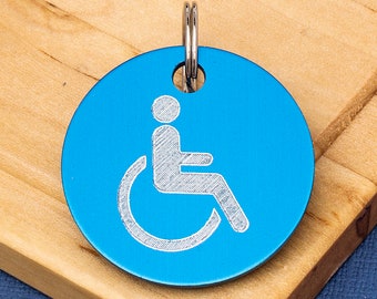 Disability Tag, medical alert, assistance animals, luggage engraved tag - Blue 30mm diameter