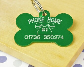Bone Pet ID Tag Engraved "Phone Home" Aluminum, choose colour, personalisation