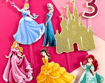 Princess Cake Topper Elsa,Cinderella,Aurora,Belle and Ariel with Gold Glitter princess castle customized with name and age