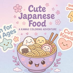 Lindo libro para colorear de comida japonesa - Imprimible kawaii para niños y adultos / 6 páginas + portada / Descarga instantánea / Tamaño A4 + Carta (EE. UU.)