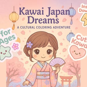 Libro para colorear kawaii de Japón: adorables páginas culturales con flores de cerezo, faroles y kimonos (tamaño A4 + carta) para imprimir.