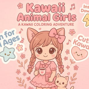 Livro de colorir Kawaii Animal Girls – 6 páginas fofas + capa | A4 + Carta | Download digital para impressão para crianças e adolescentes