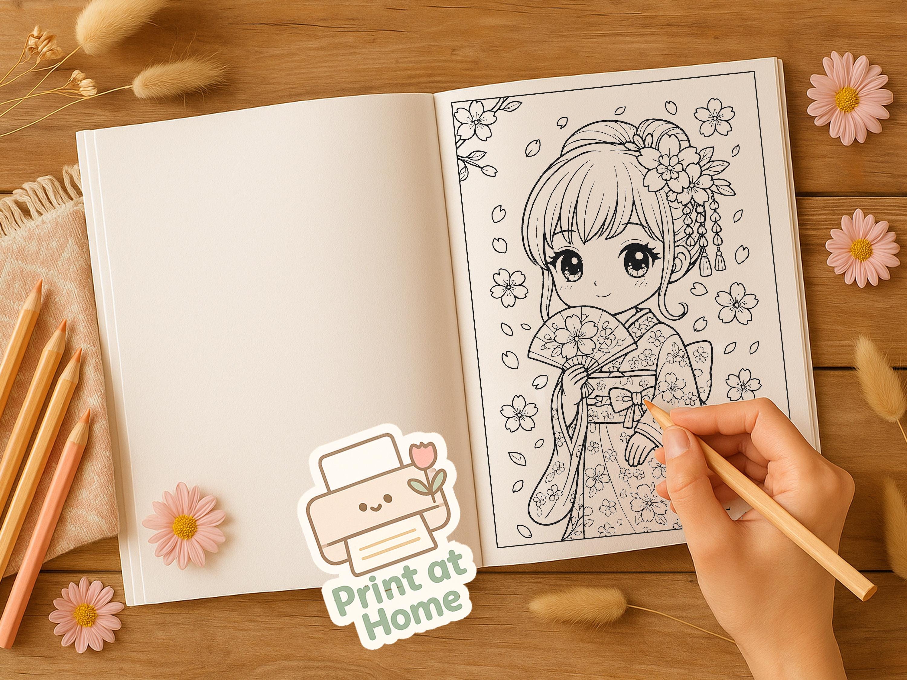 Kawaii Japan Coloring Book – Cute Cultural Pages With Cherry Blossoms ...