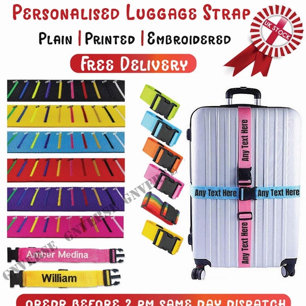 Personalised Luggage Straps Safety Suitcase Belt Custom Printed or Embroidered
