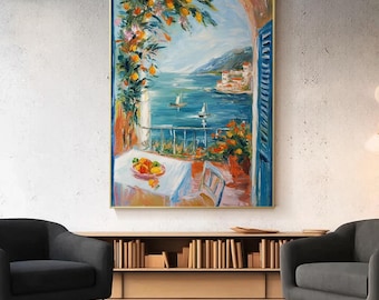 Pintura al óleo de paisaje marino mediterráneo italiano, arte de limonero, arte mural texturizado original, decoración de pared con vista costera desde una ventana de Amalfi, arte para sala de estar