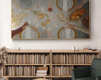 Cuadro de pared grande horizontal para mesa de comedor, pintura al óleo, escena de reunión cálida, decoración de pared para cocina