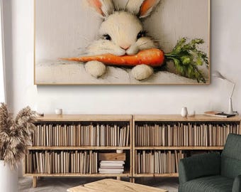 Simpatico coniglietto che tiene una carota, dipinto di animali, coniglio stravagante, decorazione murale per cameretta, stile rustico