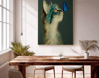 Dipinto di gatto e farfalla, stravagante arte murale, decorazione murale verde scuro, dipinto a olio originale di animali, grande regalo per gli amanti dei gatti, arte surreale